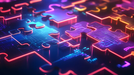 API integration concept with neon puzzle pieces interlocking on a futuristic digital background, emphasizing smooth connectivity and system interoperability