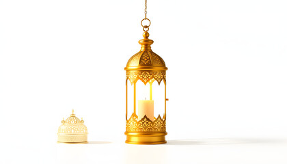 Wall Mural - Golden lantern with candle, lamp with arabic decoration, arabesque design. Concept for islamic celebration day ramadan kareem or eid al fitr adha isolated with white highlights, png