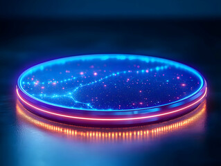 Wall Mural - a glowing circular platform illuminated by vibrant blue and purple lights, creating a cosmic and fut