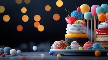 Colorful dessert assortment with decorative macarons, cakes, and candies, perfect for celebrations and sweet treats.