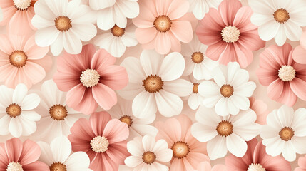 Poster - Seamless pattern with beautifully detailed white and pink flowers with yellow centers on a light background.