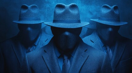 Wall Mural - Three men wearing hats and suits are standing in front of a blue background