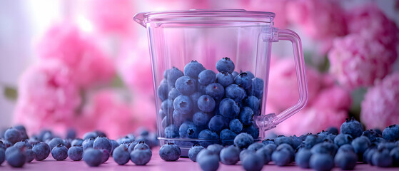 Fresh blueberries in a clear blender with pink floral background. Perfect for smoothies, desserts, and healthy recipes.