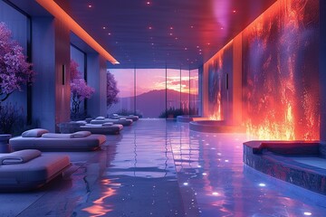 Wall Mural - A large, modern swimming pool with a waterfall and a fire pit