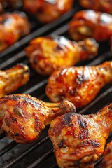 Juicy barbecue chicken drumsticks being grilled on metal grates, seasoned to perfection and showcasing mouthwatering sizzle.