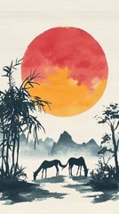 Canvas Print - Silhouettes of Horses Grazing Under a Red Sun