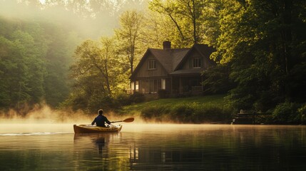 A man kayaking in still lake water with forest and lake house