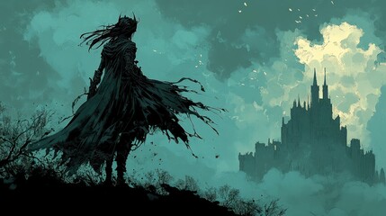 In a dramatic, fog-filled scene, a female mage in a flowing cloak stands in front of a mysterious, old castle under a cloudy, ominous sky.