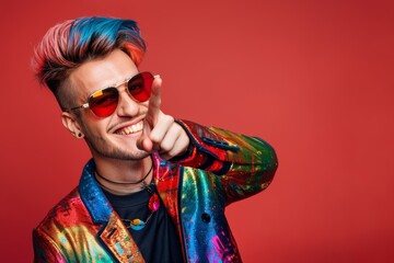 Stylish young man flaunts his colorful hair and cheerful smile. Young man's colorful hairstyle complements his handsome and vivid personality. Radiating confidence unique personal style 