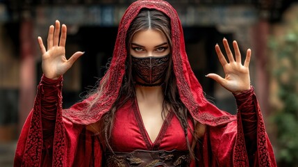 A female fortune teller in a medieval ornate red dress and mask, raising her arms with open palms, looking at the camera.