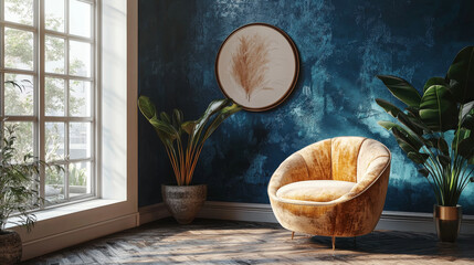 Canvas Print - A mustard yellow armchair sits in a room with blue walls and a large window.