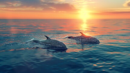 Poster - A pair of stone cetaceans on the horizon of the ocean at sunset