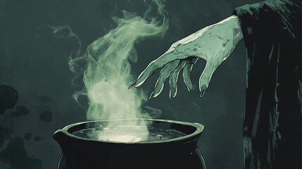 Witch brewing potion in a cauldron for Halloween, showcasing eerie atmosphere and magical vibes