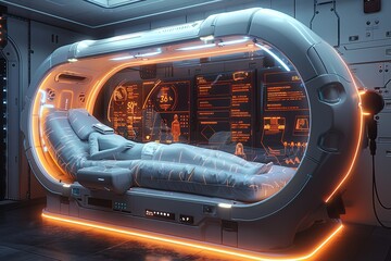 Wall Mural - a woman is laying in a bed inside a futuristic space station