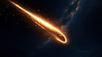 Wall Mural - a bright comet with a glowing tail streaking through a star-filled night sky with hints of galaxies 