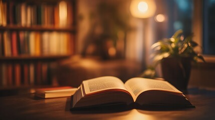 A book is open on a table with a potted plant next to it