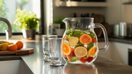 A stylish glass pitcher with a refreshing fruit-infused beverage, poured into matching glasses, displayed on a modern kitchen counter with natural light.