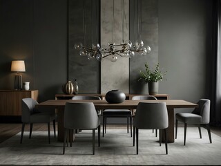 Poster - Elegant grey-toned dining room with minimalist design.