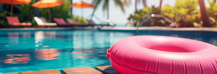 Beach accessories on sun lounger, inflatable ring and float near outdoor swimming pool at luxury resort, space for text