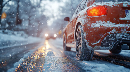 snow-covered car driving through a winter storm at night