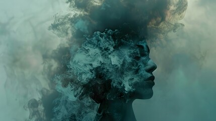 Wall Mural - A woman's face emerges from a swirling cloud of teal and black smoke, creating a surreal and ethereal effect.