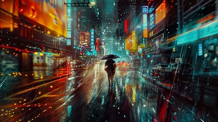 A solitary figure walks through a neon-lit city street during a heavy downpour, the city's lights reflected in the wet asphalt.