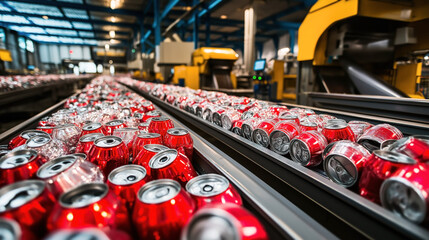 Wall Mural - Crumpled aluminum cans on conveyor belts in a recycling facility, with machinery and industrial equipment in the background