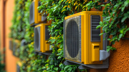 Close-up of vibrant yellow air conditioning units on a wall covered with green plants