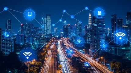 Wall Mural - futuristic cityscape at night with glowing network icons floating above, showcasing smart city techn