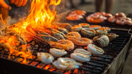 Poster - A vibrant image of a beachside seafood grill with a variety of fresh catches, including fish fillets and shellfish, being cooked over an open flame.