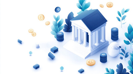 A minimalist illustration depicting a bank surrounded by coins and plants, symbolizing finance and growth in a digital age.