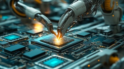 Wall Mural - Automated Robotic Microchip Assembly, A sophisticated robotic system meticulously assembling microchips on a circuit board, showcasing precision and advanced technology in electronics manufacturing.