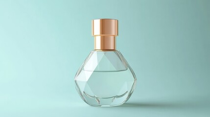 Clear glass perfume bottle with a gold cap, minimalist style, smooth lines, front view, solid color backdrop