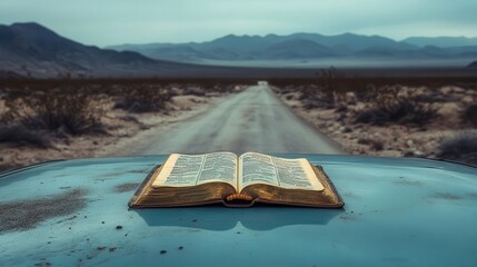 A Bible placed on the hood of a car in the wilderness, symbolizing spiritual journeys and faith on the road