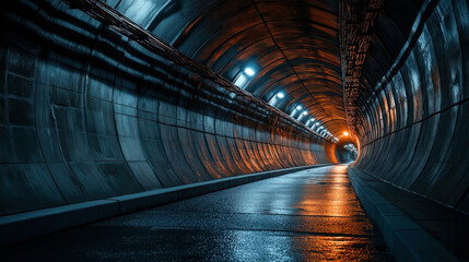 Poster - A modern, illuminated underground tunnel with wet, reflective surfaces and overhead lights emitting blue and orange hues, creating a contrasting light effect.