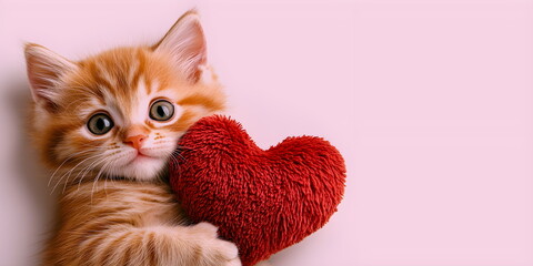 ginger kitten hugging toy red heart. cute cat on pink background. valentine's day love concept. bann