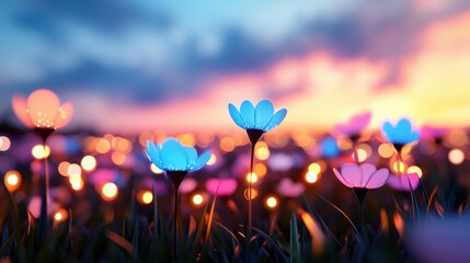 A field of wildflowers, their petals glowing with an ethereal light, creating a kaleidoscope of vibrant colors in the twilight.