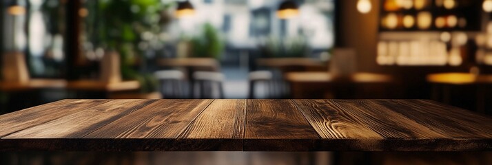 Rustic wooden table surface in foreground, blurred cozy cafe or restaurant interior background with soft lighting and bottles on shelves, inviting ambiance.