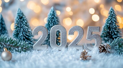 Wall Mural - Glittering silver 2025 numbers nestled in snowy scene with miniature evergreen trees and twinkling bokeh lights, creating a magical New Year atmosphere.