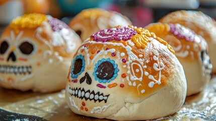 A close-up of freshly baked bread of the dead with decorative sugar skulls.