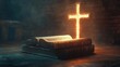 © สัมฤทธิ์ พรหมเจริญ - Bible placed at the base of a cross, glowing softly, symbolizing the foundation of Christian faith