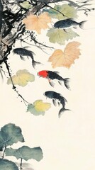 Canvas Print - Traditional Chinese Ink Painting of Koi Fish in Water Lilies