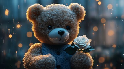 Soft light brown teddy bear with a white rose, sitting against a deep blue background, creating a heartwarming and gentle mood