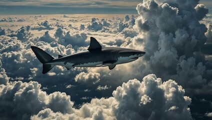 Wall Mural - Flying shark amidst the clouds.