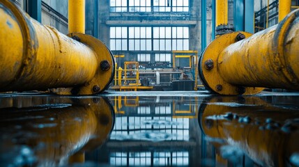 Wall Mural - Industrial Plant Interior with Machinery, Yellow and Blue Color Palette, Large Water-Filled Pipes Reflecting Light, Window View, Furniture, Grainy Texture, Energy Production Atmosphere