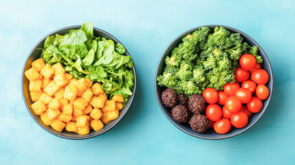 Two bowls of food, one with broccoli and tomatoes and the other with broccoli