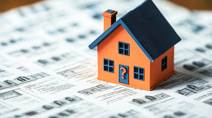 Sticker - House Icon on Financial Document with Question Marks Real Estate Uncertainties in Mortgage Rates and Market Trends