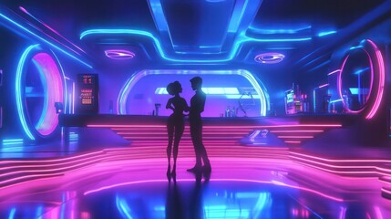 Poster - A couple is dancing in a neon room with a neon sign that says 