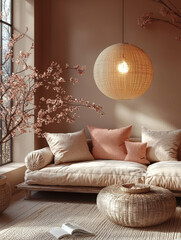 Sticker - Cozy living room with a large, round woven light fixture and a comfy couch.