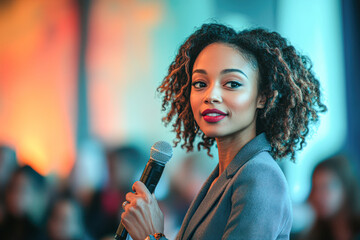 Wall Mural - Dynamic Female Public Speaker Inspiring Crowd with Communication, Leadership, and Influence Skills